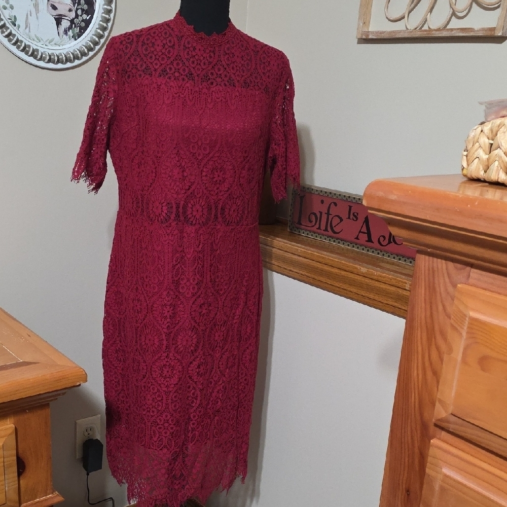 High Neck Burgundy Lace Midi Dress